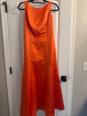 David's Bridal Vibrant Coral Satin Maxi Gown
